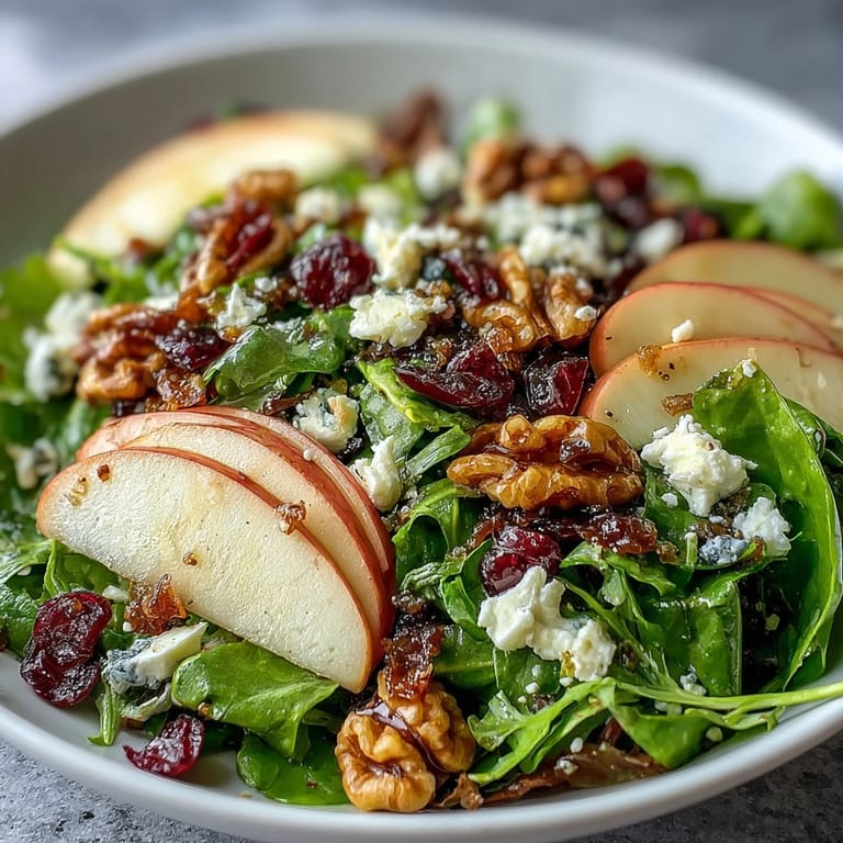 Mixed greens and apple bowl topped with toasted walnuts, cranberries, and goat cheese, ready to serve as a refreshing side salad.
