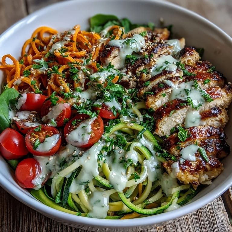 Colorful spiralized vegetable bowl with golden sweet potato, fresh zucchini, and sliced grilled chicken, garnished with sesame seeds.