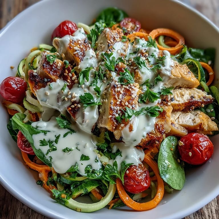 Hearty spiralized sweet potato and zucchini noodles tossed with spinach, cherry tomatoes, and lemon tahini dressing.