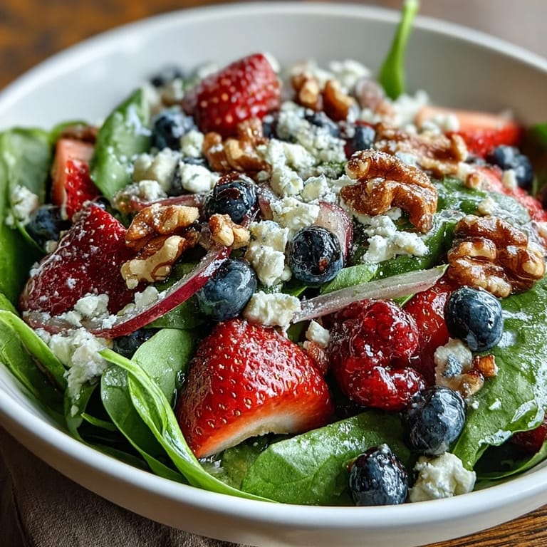 Close-up of Spinach and Berry Salad Bowl with juicy raspberries, walnuts, and a glistening honey-Dijon vinaigrette, ideal for healthy meal prep or potluck sharing.