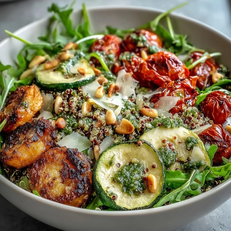 Fresh Arugula Pesto Bowl garnished with toasted pine nuts, bright greens, and grated Parmesan.