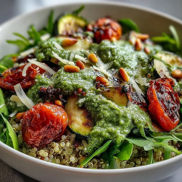 Colorful Arugula Pesto Bowl with zesty pesto drizzled over quinoa, tomatoes, and zucchini.