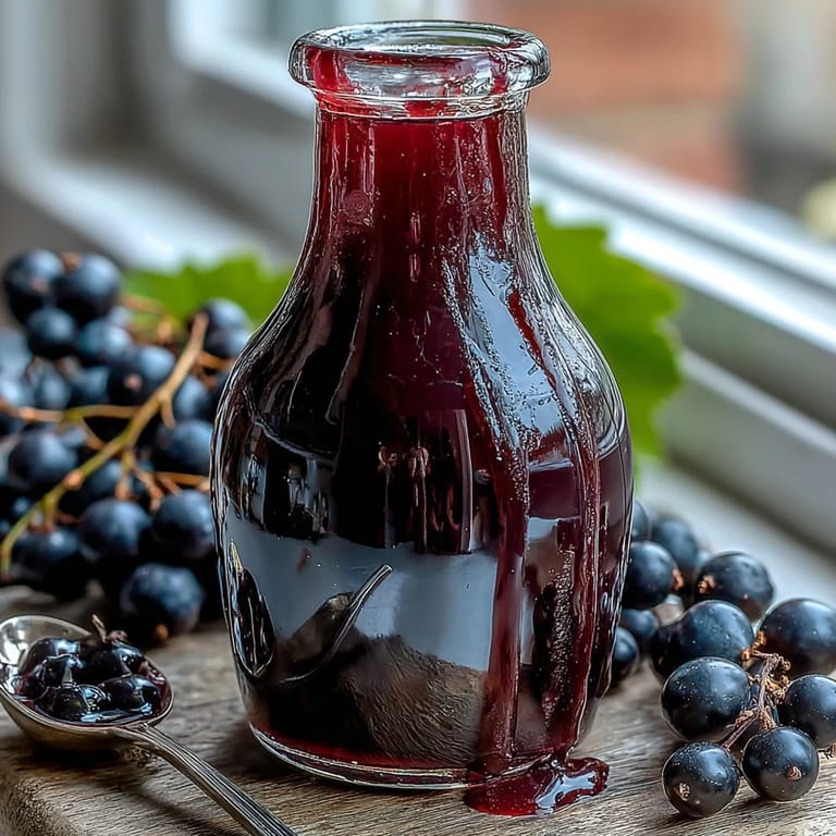 Black Currant Syrup pours into a sparkling glass of lemonade, capturing its vibrant purple hue and tang.