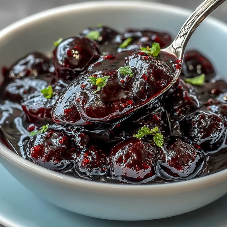 A small bowl of rich Black Currant Sauce served alongside panna cotta and vanilla ice cream for a decadent dessert topping.