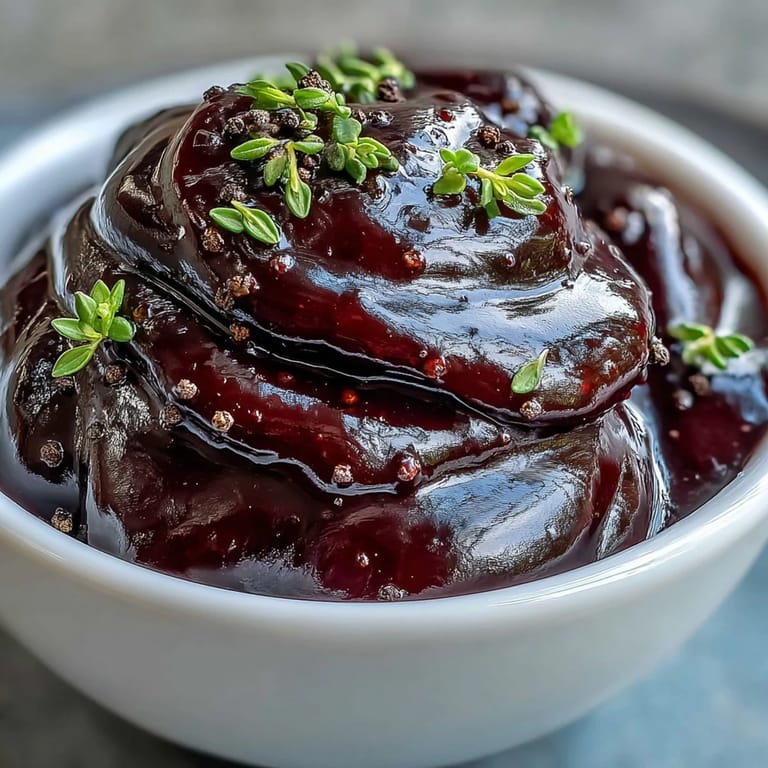 A small saucepan of simmering black currant glaze with balsamic and thyme, ready to brush over roasted meats.