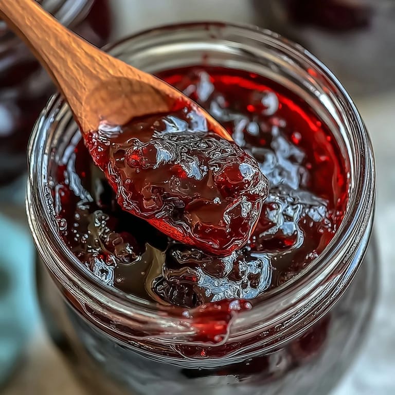 Homemade black currant jelly in a clear glass jar, capturing the deep purple hue and rich, fruity aroma.