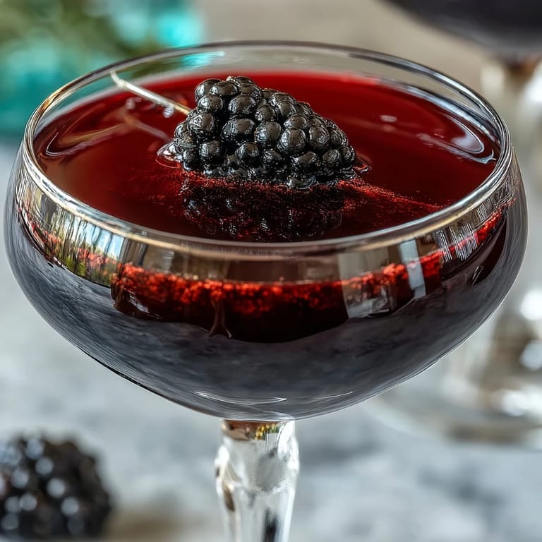 Luxurious Crème de Cassis poured into a crystal glass, garnished with a blackcurrant and vanilla bean.
