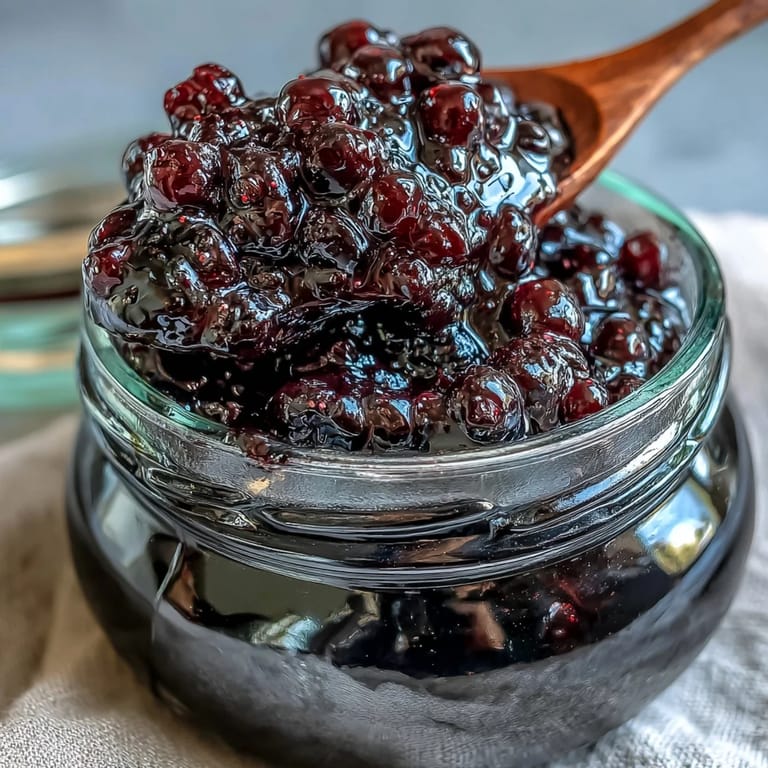 A close-up of a spoon dipped in glossy homemade black currant jam, showcasing the thick, luscious texture and jewel-toned fruit suspended in syrup.
