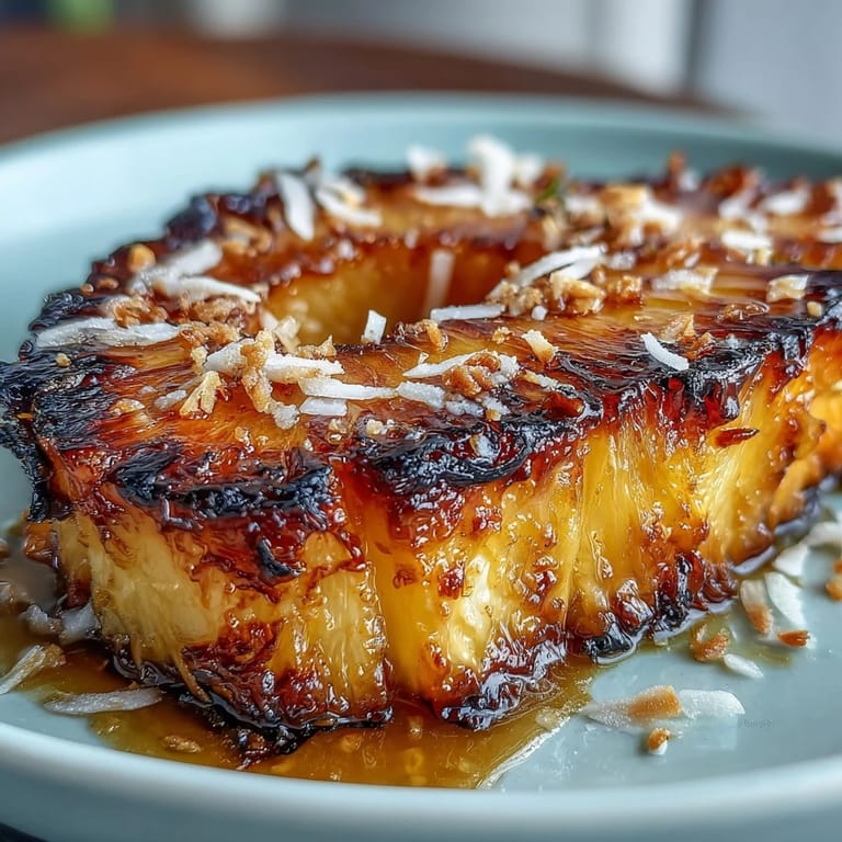 Juicy pineapple wedges glazed with honey and lime, oven-roasted until golden, topped with fragrant toasted coconut shreds.