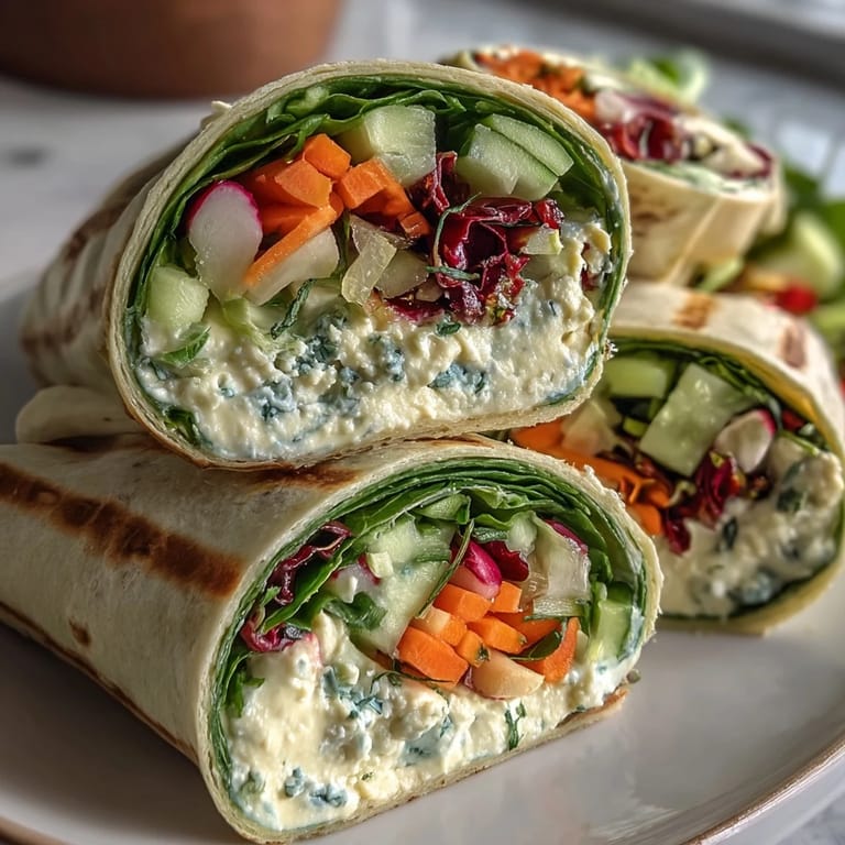 Colorful vegetarian wraps featuring baby spinach, julienned vegetables, and smooth hummus, rolled in green spinach tortillas for a fresh meal.