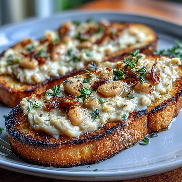 Velvety white bean and sweet roasted garlic spread served on crisp sourdough toast, perfect for a Mediterranean-inspired appetizer.  