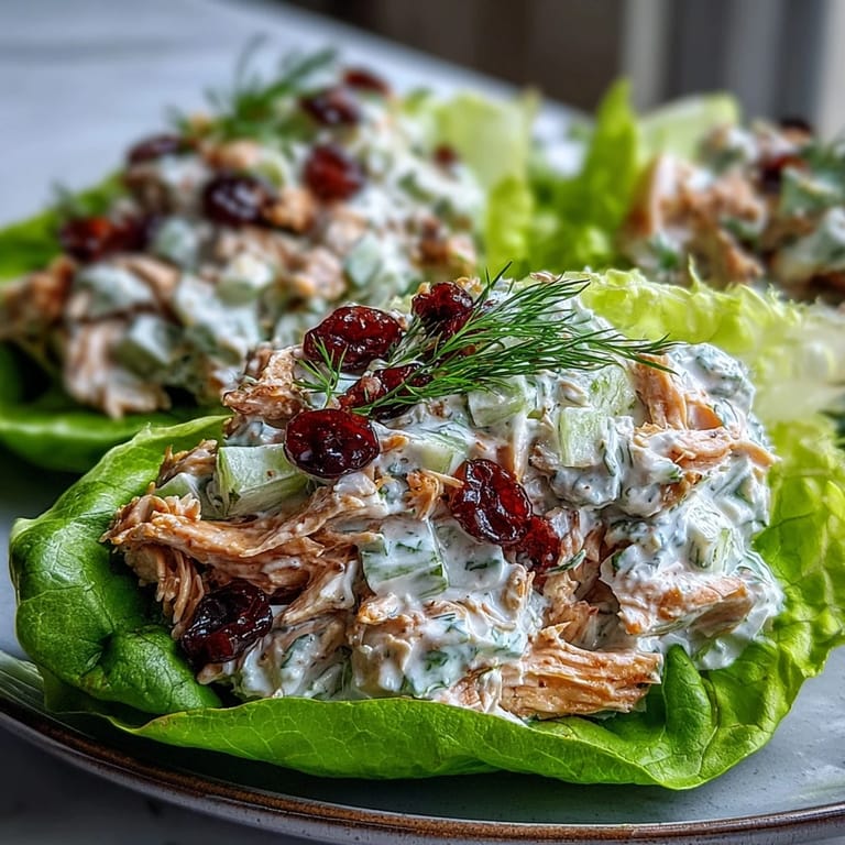 Creamy Greek yogurt chicken salad with grapes, celery, and herbs served in fresh lettuce wraps.  