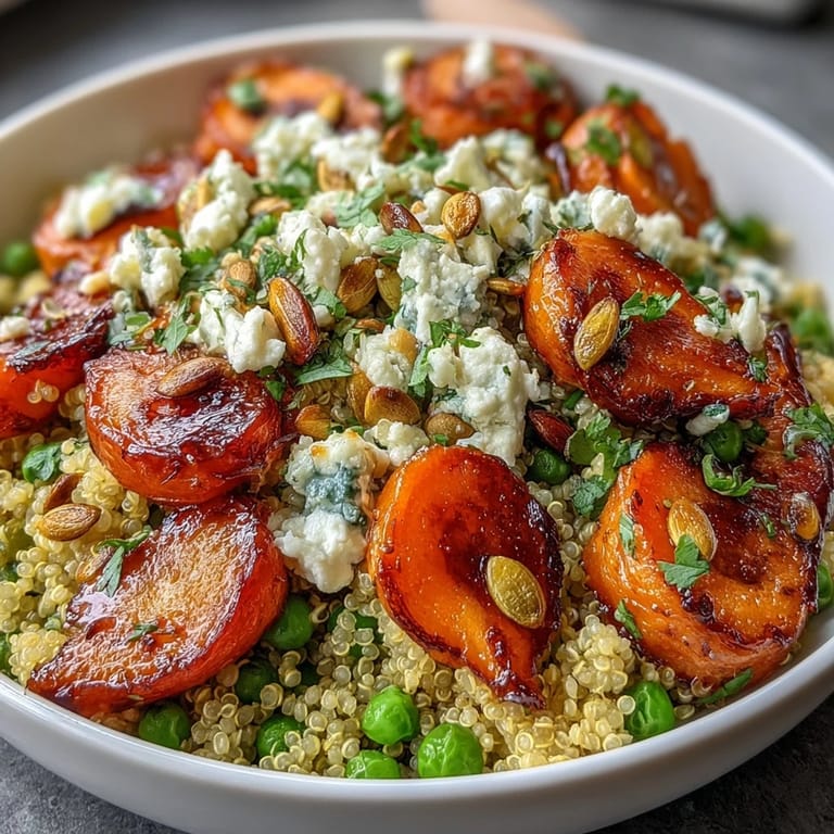 Nutty quinoa, caramelized roasted carrots, and vibrant green peas create a nourishing, protein-rich bowl, drizzled with tangy lemon-mustard dressing.