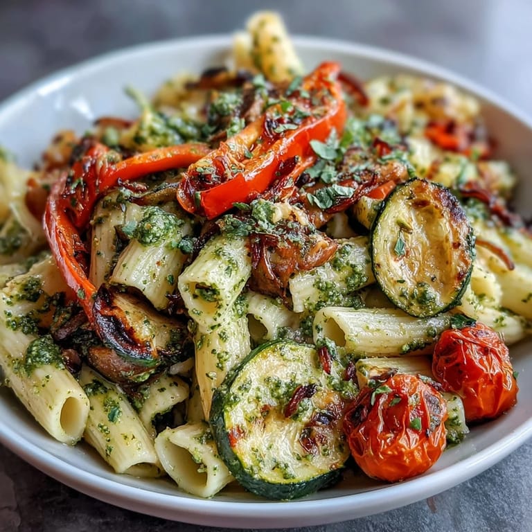 A hearty vegetarian pasta dish featuring tender roasted vegetables, juicy cherry tomatoes, and rich pesto coating every bite.  