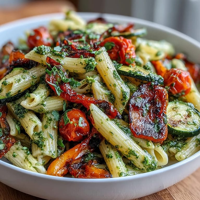 Colorful roasted vegetables and cherry tomatoes tossed with pasta in a fragrant basil pesto for a satisfying meal.