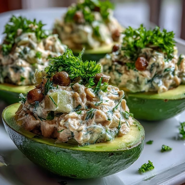 Zesty vegan chickpea tuna salad filling piled high in buttery avocado halves, perfect for lunch.