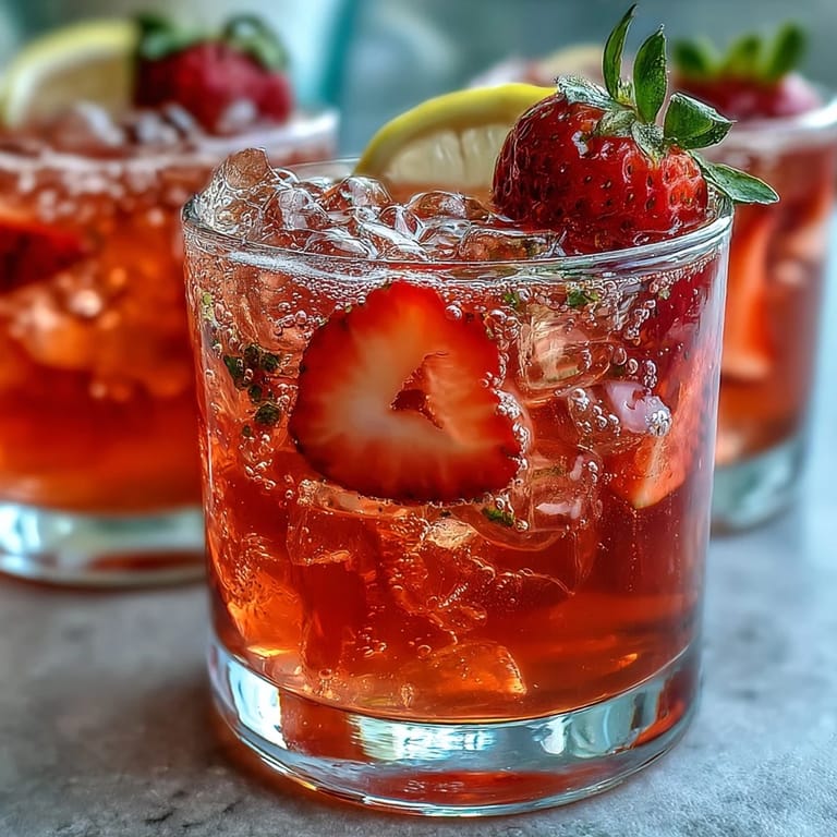 Refreshing non-alcoholic strawberry lemonade drink with ice cubes and bubbly sparkling water, perfect for summer parties and picnics.