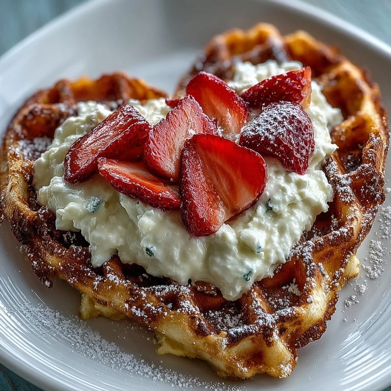 Golden, crisp waffles paired with a smooth cottage cheese whip and sweet strawberries—perfect for a special brunch or Valentine's Day.