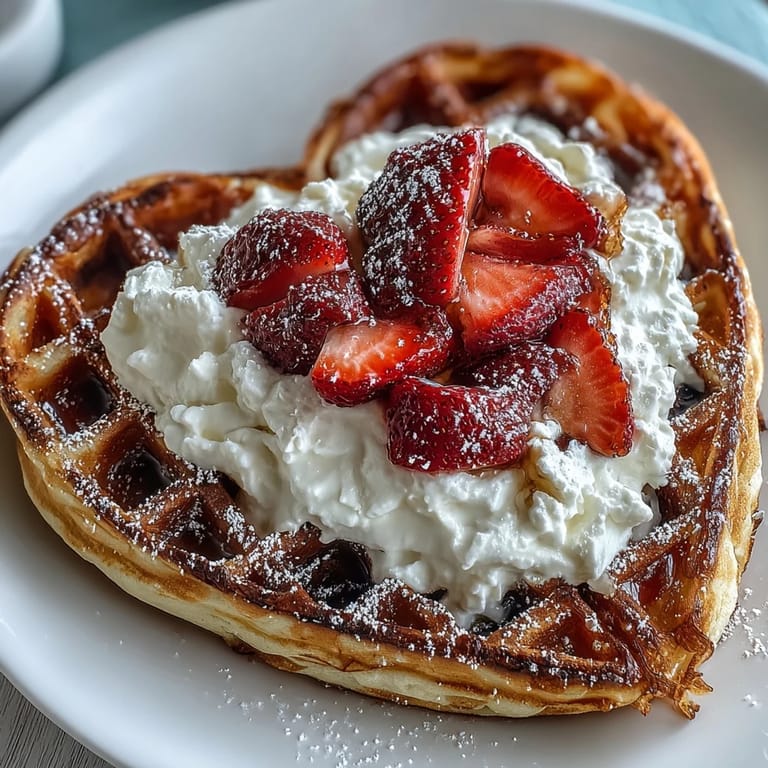 Delightful heart-shaped waffles served with a creamy cottage cheese topping and fresh strawberries for a protein-rich morning treat.