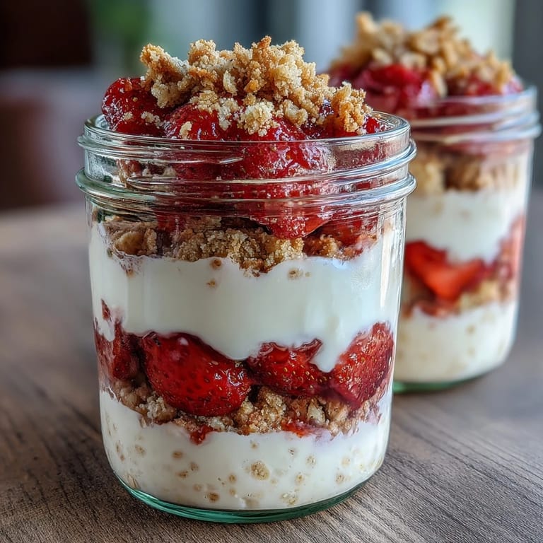 Creamy strawberry cheesecake overnight oats layered with juicy strawberries and a buttery graham cracker crumble for a decadent breakfast.