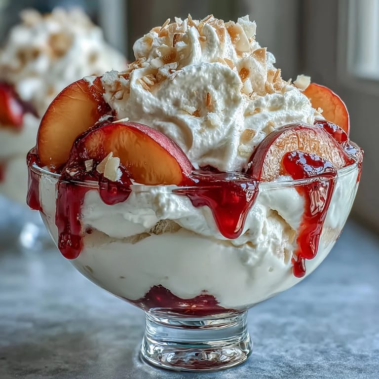 Fluffy Yogurt Peach Melba Cups with Toasted Almonds: refreshing layered treat featuring juicy peaches, whipped yogurt, vibrant raspberry sauce, and crisp almond garnish.