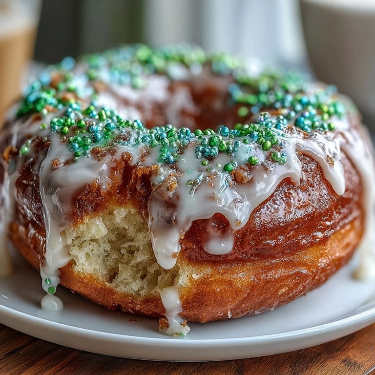 Soft, baked King Cake donuts topped with creamy vanilla glaze and bold green, purple, and gold sprinkles for a celebratory Mardi Gras treat.