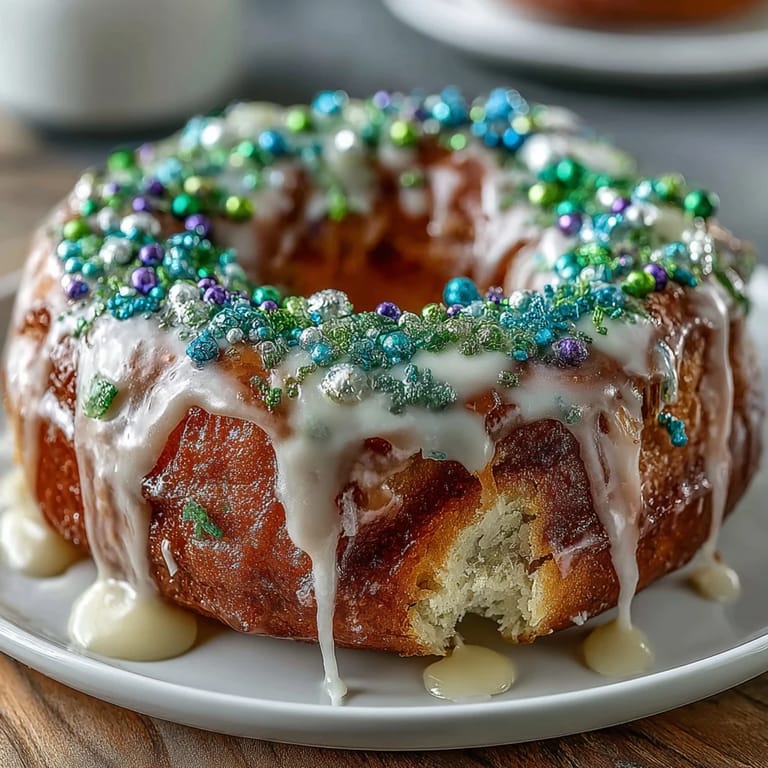 Festive King Cake donuts featuring a light cinnamon batter, sweet vanilla glaze, and traditional Mardi Gras colors for a fun dessert or breakfast.