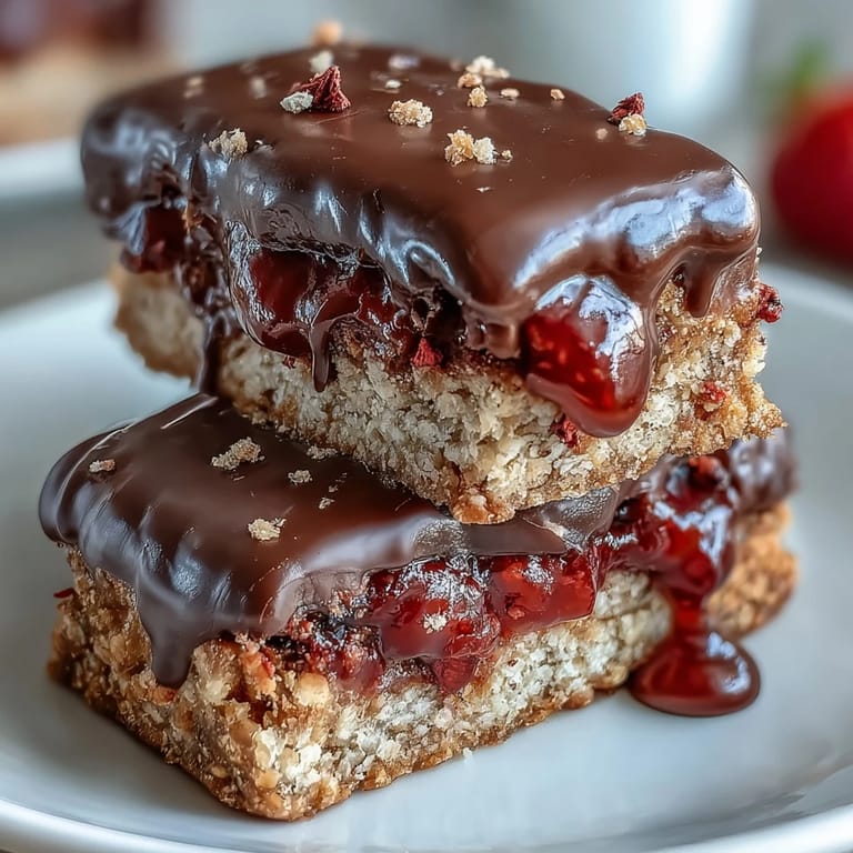 Layered oat bars filled with strawberry preserves and dipped in smooth chocolate, ideal for a quick, delicious snack.