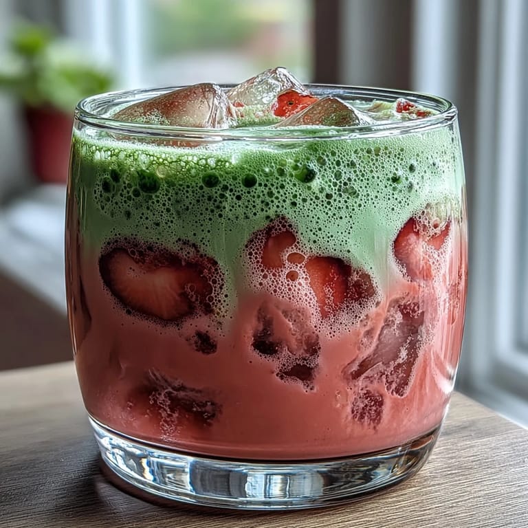 Sweet strawberry puree blends with earthy matcha and chilled oat milk in a stunning, easy-to-make iced latte.