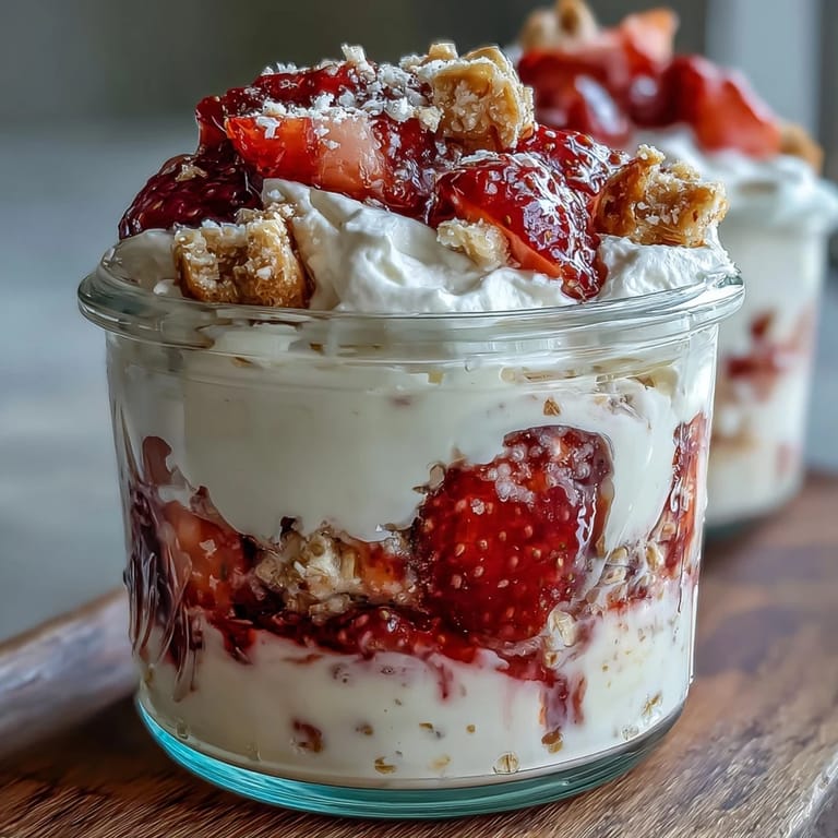 Strawberry shortcake-inspired overnight oats with sweet strawberries, creamy yogurt, and crunchy graham cracker topping.