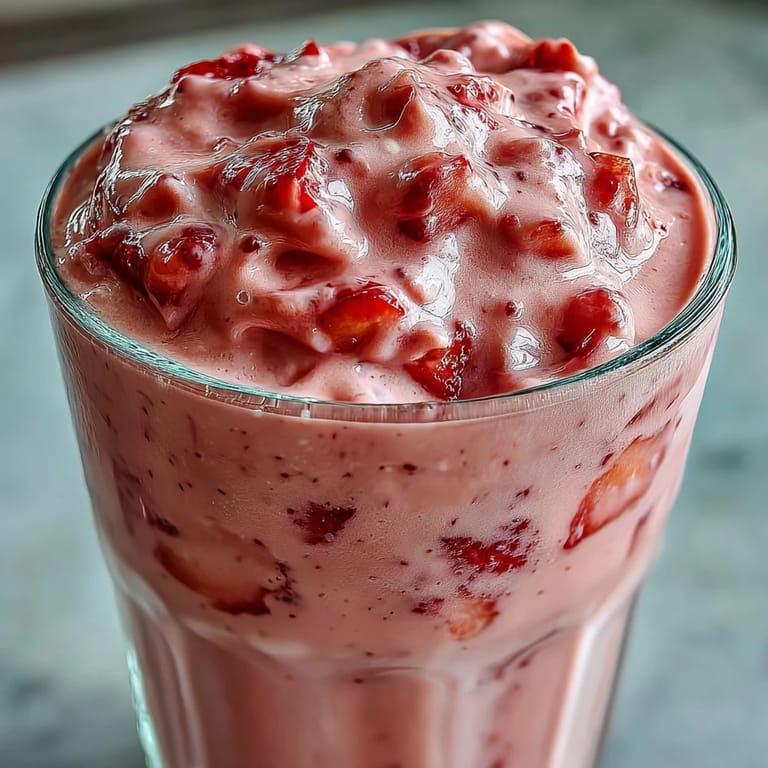 A vibrant strawberry banana smoothie blended with protein powder and chia seeds, offering a refreshing and nutritious boost.