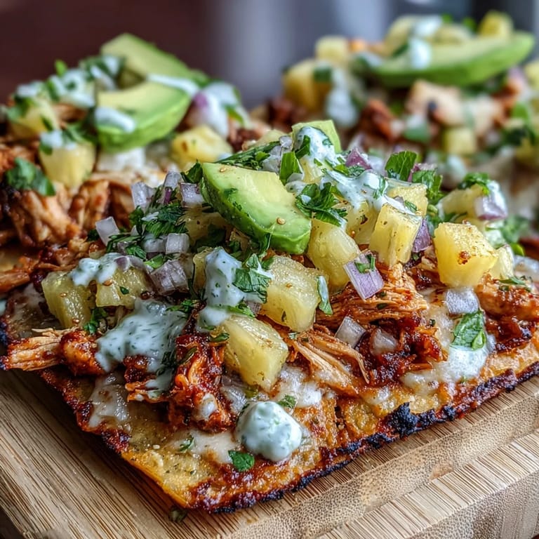 Golden tostada shells topped with tender chicken, fresh pineapple salsa, and tangy lime crema for a flavorful dish.
