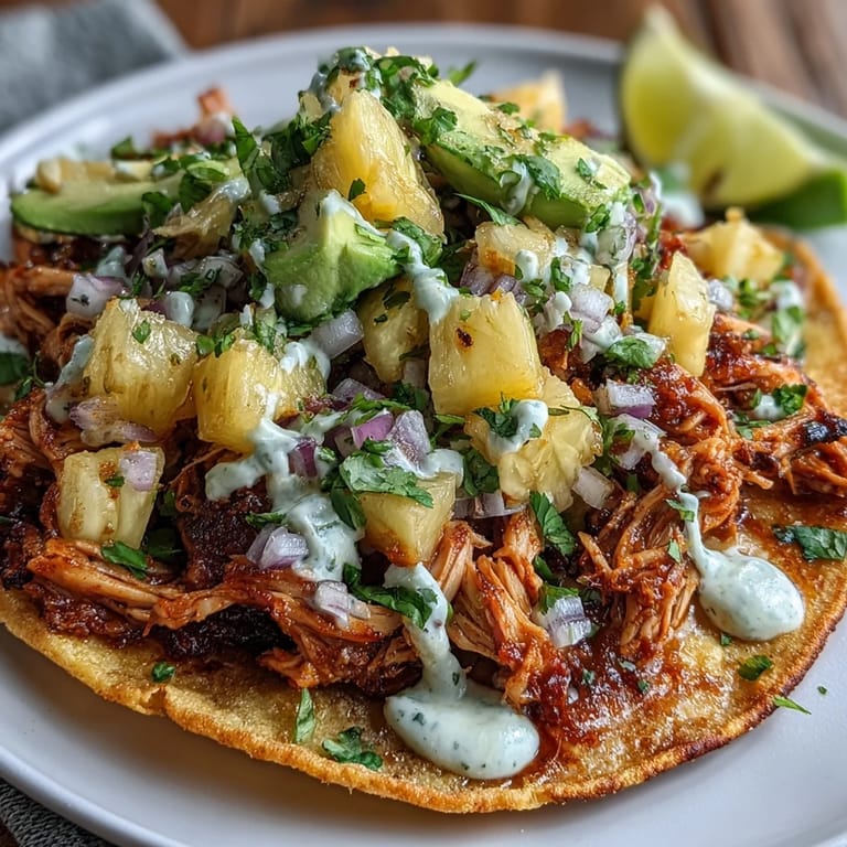 Crunchy tostadas piled high with seasoned chicken, sweet pineapple salsa, and smooth lime crema, garnished with avocado.