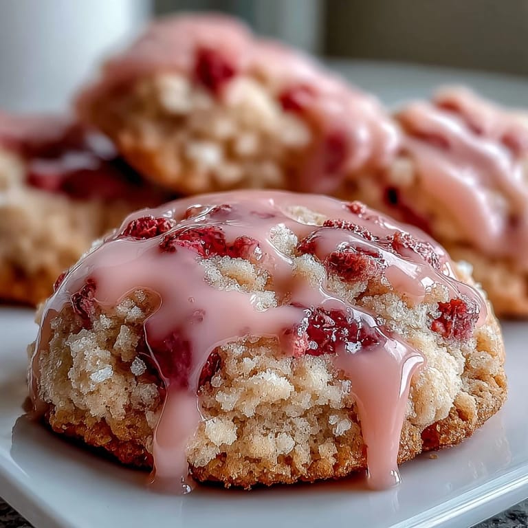 Delicate strawberry cookies topped with glossy pink icing, featuring freeze-dried strawberries for an intense berry flavor in every bite.