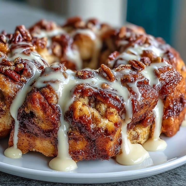 King Cake-inspired monkey bread with golden baked dough pieces, drizzled icing, and purple, green, and gold sugar topping.  