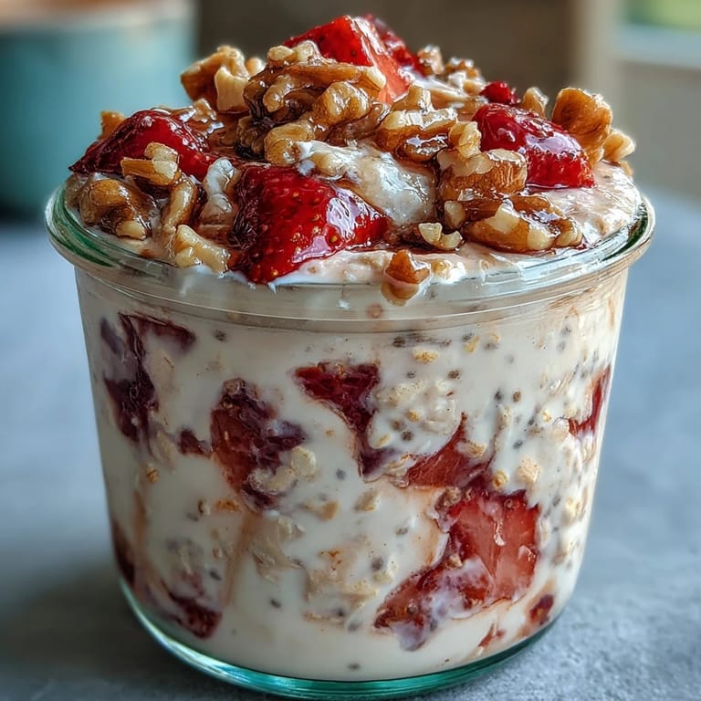 Rich and creamy strawberry banana bread overnight oats garnished with walnuts and a drizzle of maple syrup for a cozy breakfast.
