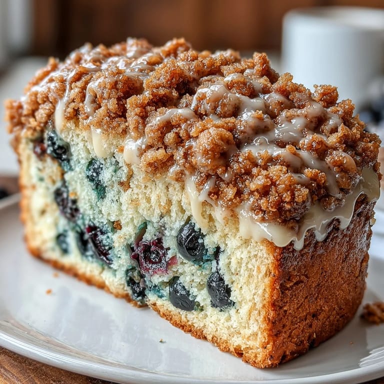Moist, tangy sourdough bread swirled with juicy blueberries and lemon zest, finished with a crunchy, golden crumble topping.