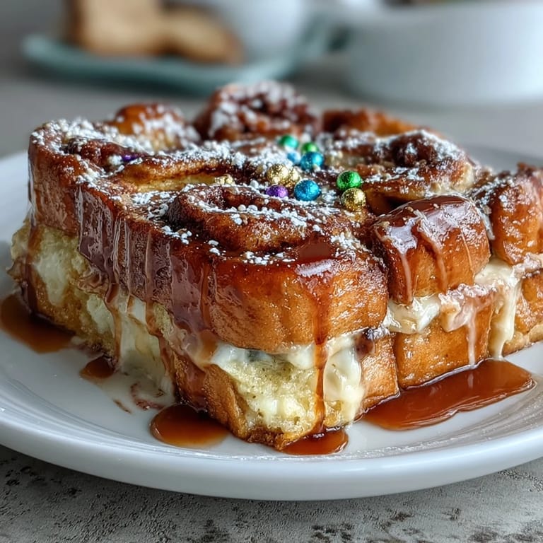 Decadent Mardi Gras breakfast casserole featuring layers of brioche, cream cheese filling, and golden baked topping.  