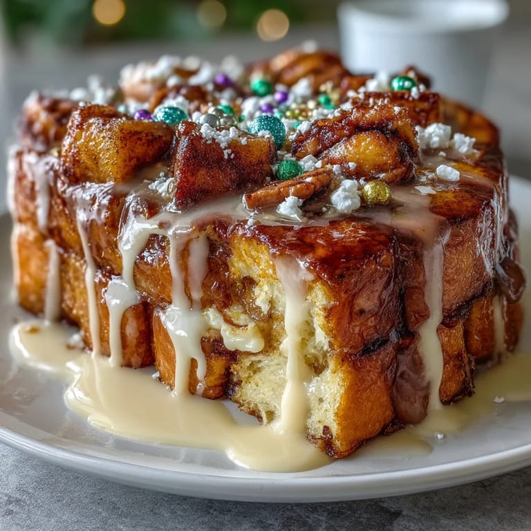 Easy King Cake French Toast Bake with vanilla custard, cinnamon, and vibrant purple, green, and gold sprinkles.