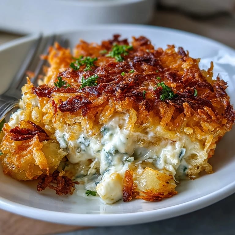 Warm, comforting funeral potatoes casserole with a crispy hashbrown crust, loaded with melted cheddar and rich sour cream sauce.