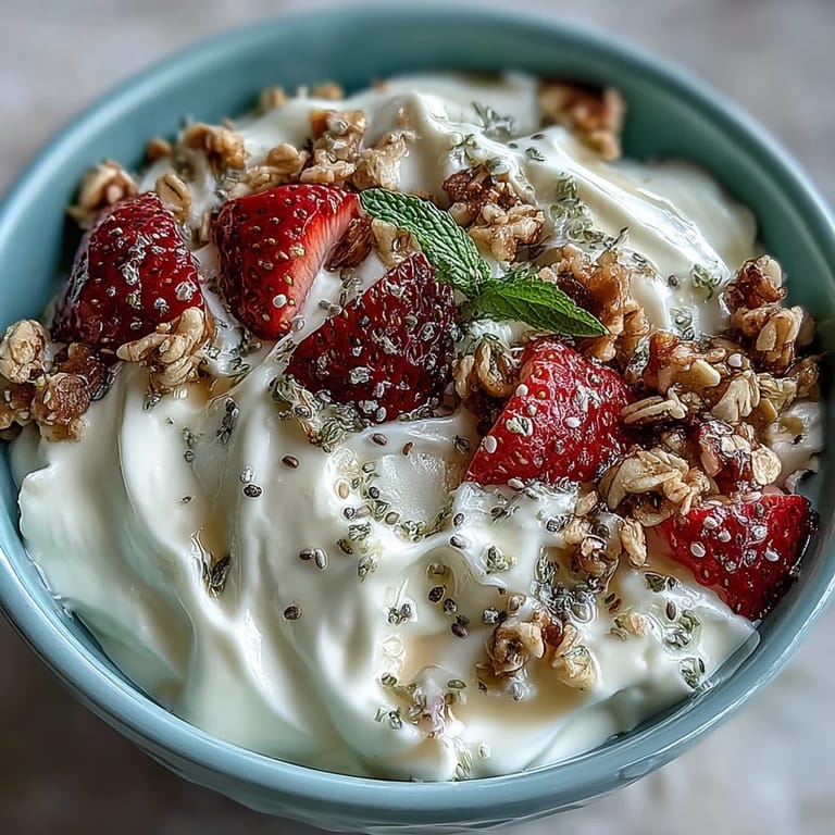 Whipped Greek yogurt base layered with juicy strawberries and granola crunch, garnished with chia seeds and mint leaves.