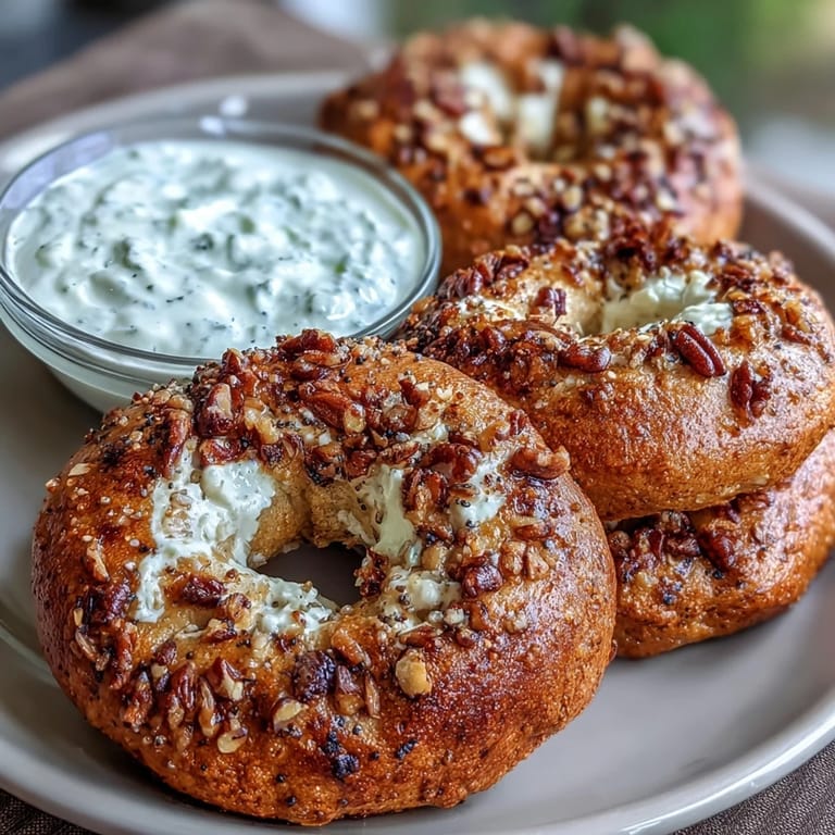 Soft, chewy bagels made with whole wheat flour and honey, served with a fluffy vanilla yogurt dip for a nourishing and delicious treat.