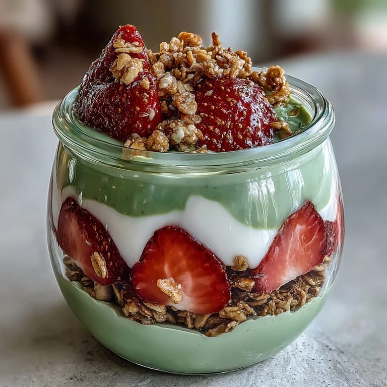 Vibrant parfait with matcha yogurt, juicy strawberries, and crunchy granola in a tall glass, garnished with mint.