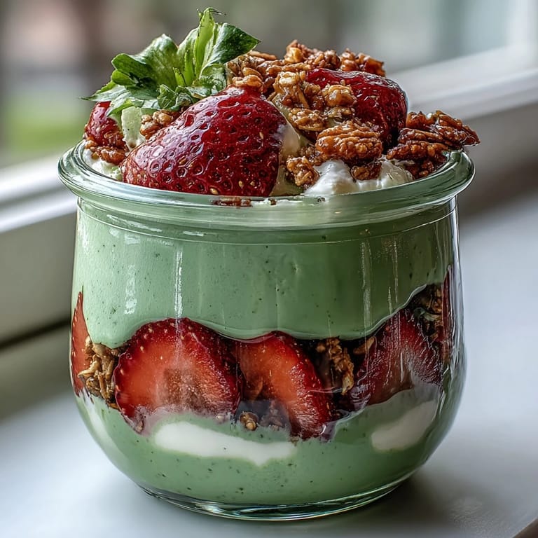 Creamy matcha yogurt parfait topped with sliced strawberries and golden granola for a healthy breakfast.