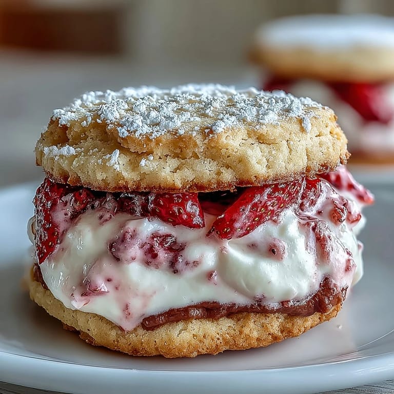 Buttery cookies filled with fresh strawberries and vanilla cream, arranged with a dusting of powdered sugar for an elegant touch.  