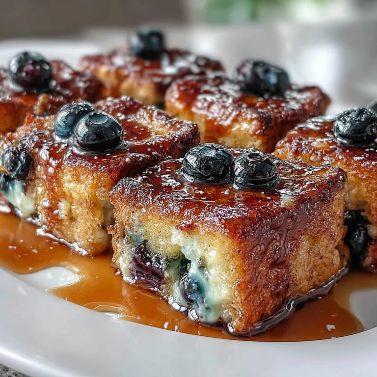 A cozy sourdough French toast casserole baked with lemon zest and fresh blueberries, ideal for special breakfast gatherings.  