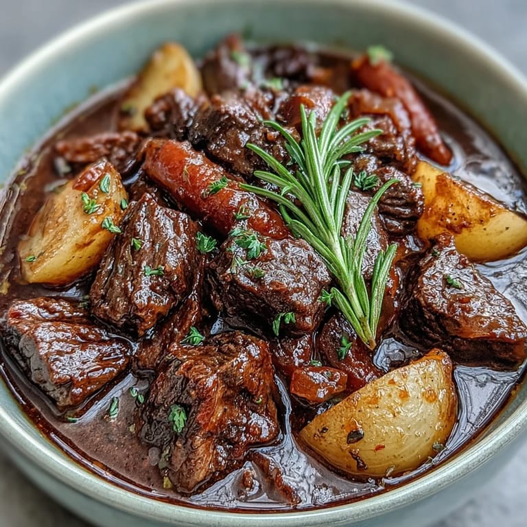 Slow cooker beef stew featuring carrots, parsnips, and potatoes in a savory wine-infused gravy.  