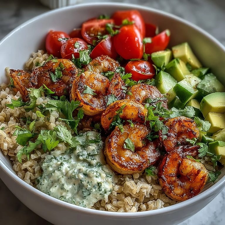 Succulent shrimp sautéed with lemon and garlic, arranged in vibrant bowls with tomatoes, cucumber, and herbs.
