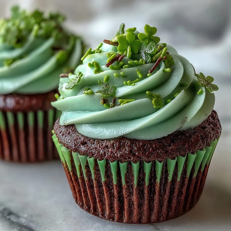 Festive green velvet cupcakes baked to perfection, topped with rich cream cheese frosting and a sprinkle of shamrock candies.
