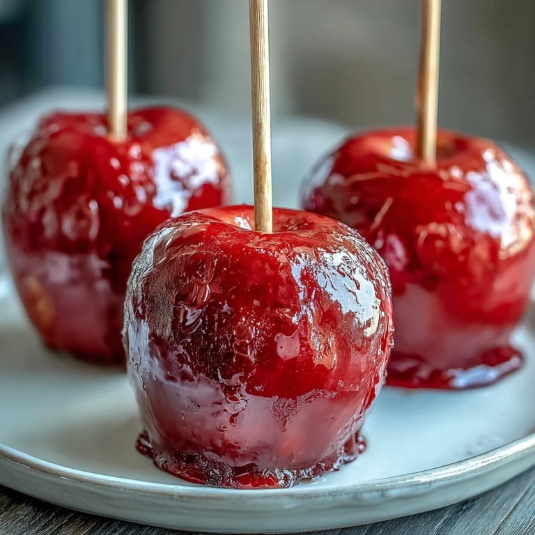 Tempting red candy apples on wooden sticks showcase their smooth, vibrant shell, making them a perfect dessert for festive celebrations and family events.